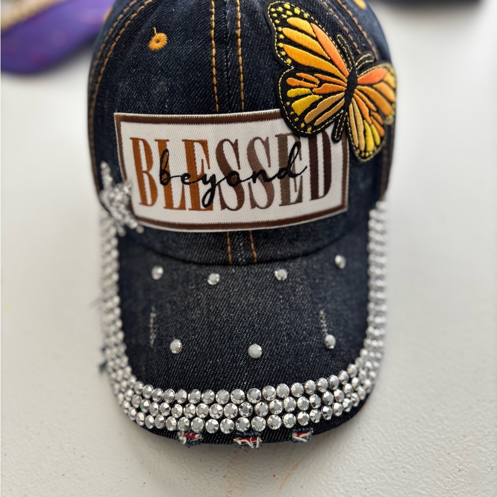 Embellished Denim Cap with Butterfly and Rhinestones
